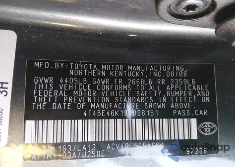 2009 Toyota Camry Xle из США, поврежденный, VIN 4T4BE46K19R098151